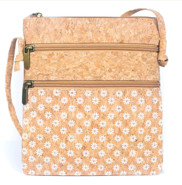 Natural cork with Patterned double zipper crossbody bag The Cork Emporium